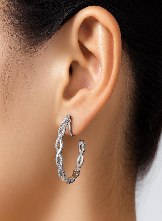 ZENCHEER Clip On Hoop Earrings for Women,Cubic Zirconia CZ Gold Silver Plated Twisted Drop Clip On Earings for Non Pierced Ears Lightweight Jewelry Gifts (Silver) - Image 3